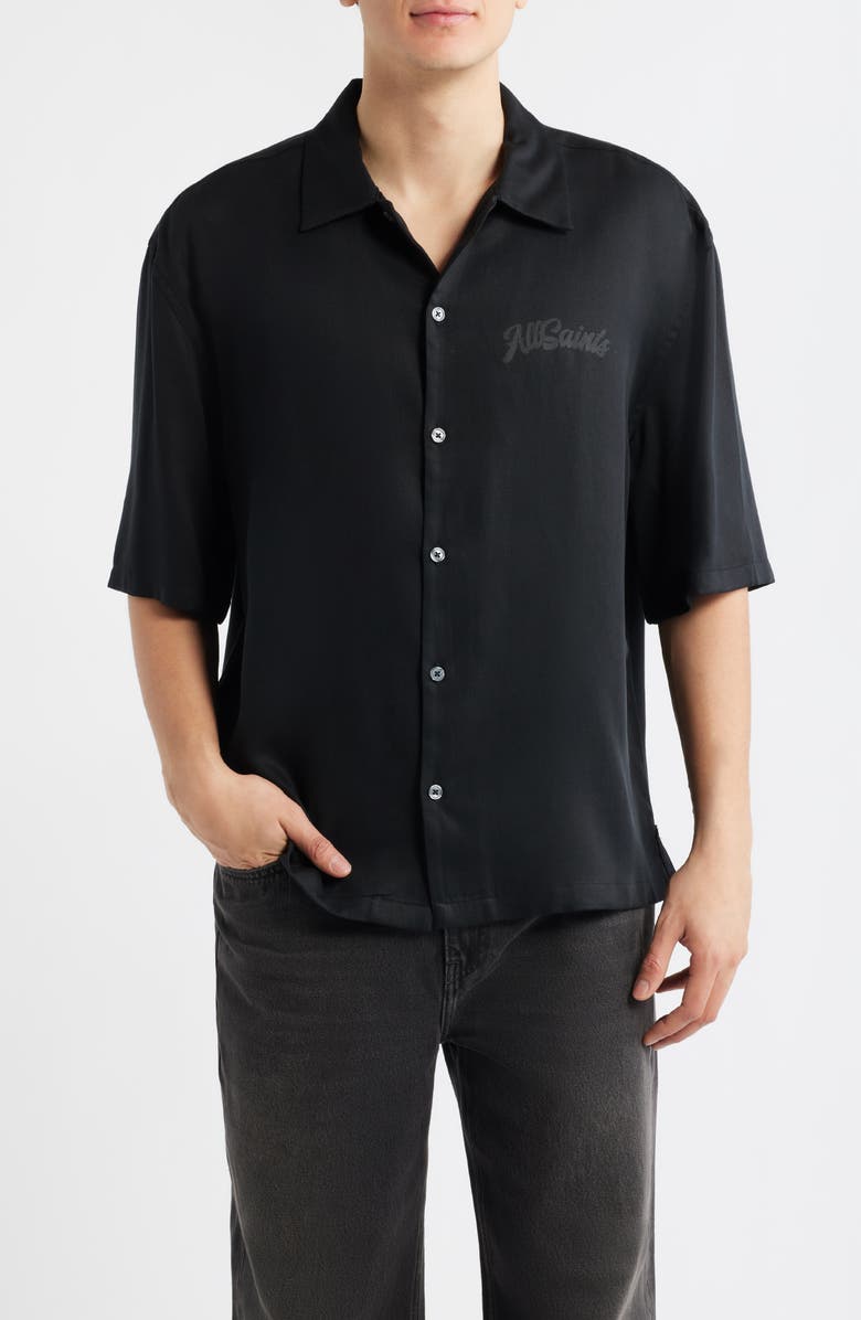 AllSaints Circe Logo Graphic Oversize Short Sleeve Button-Up Shirt, Main, color, Jet Black