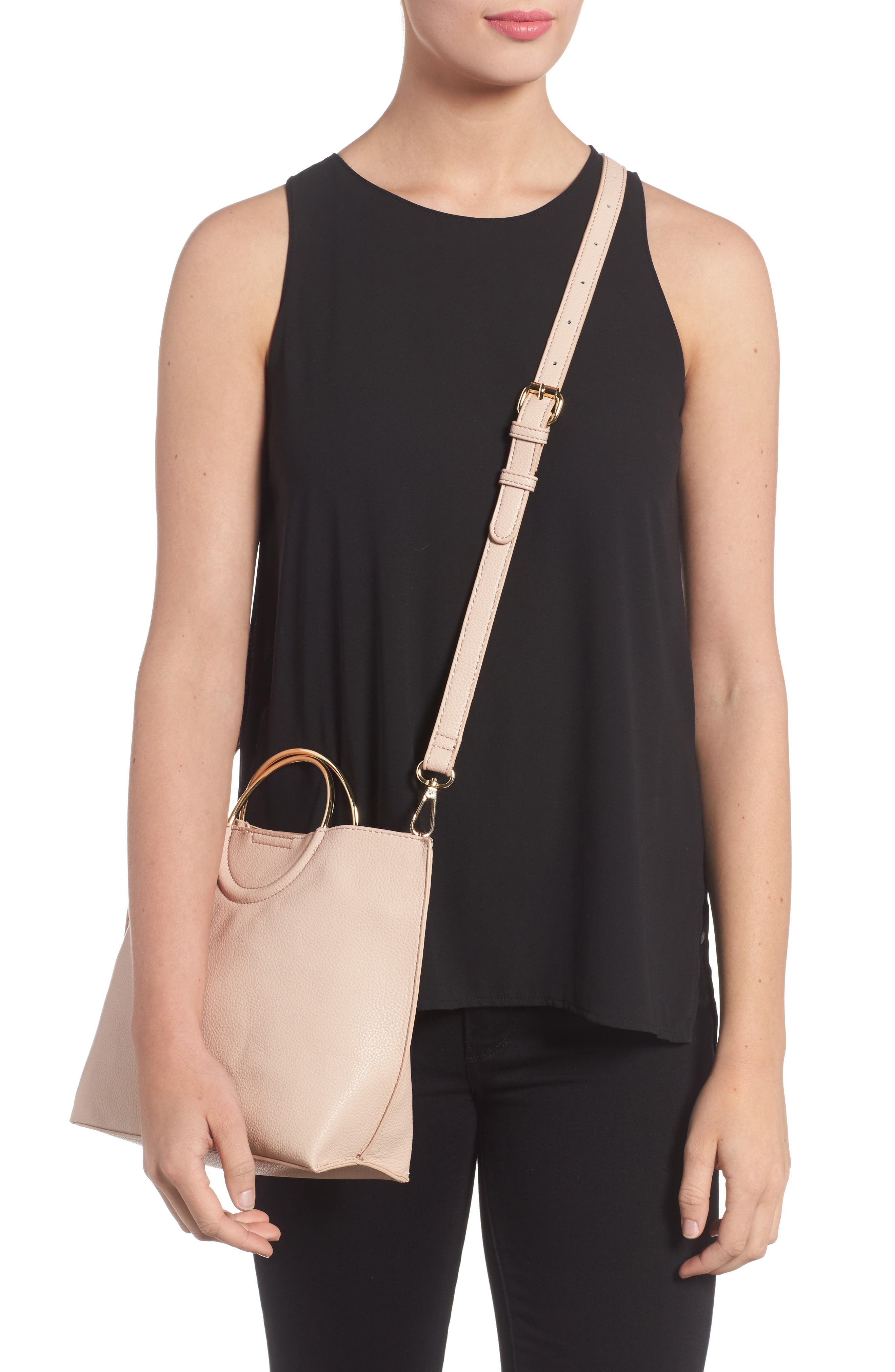 Metal Handle Faux Leather Crossbody Bag, Alternate, color, BLUSH