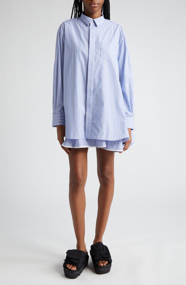 Sacai Stripe Layered Ruffle Long Sleeve Cotton Poplin Shirtdress, Main, color,