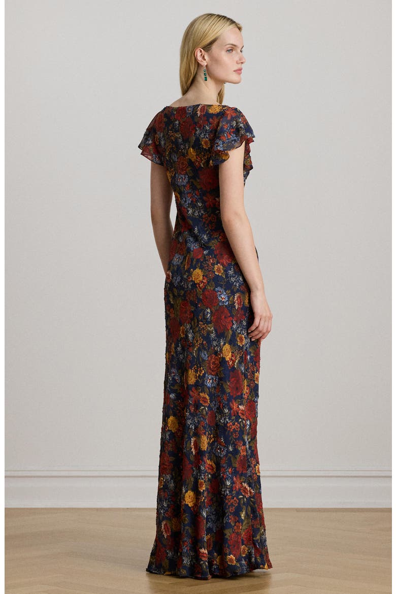 Floral Clipped Jacquard Cowl Neck Gown, Alternate, color, NAVY MULTI