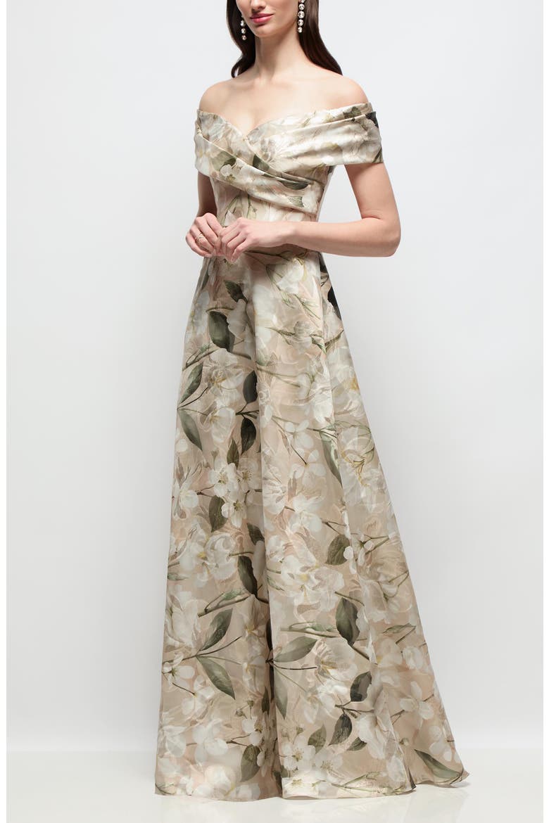 Karr Metallic Floral Jacquard Off the Shoulder Organza Gown, Alternate, color, PLUMERIA FLORAL PRINT