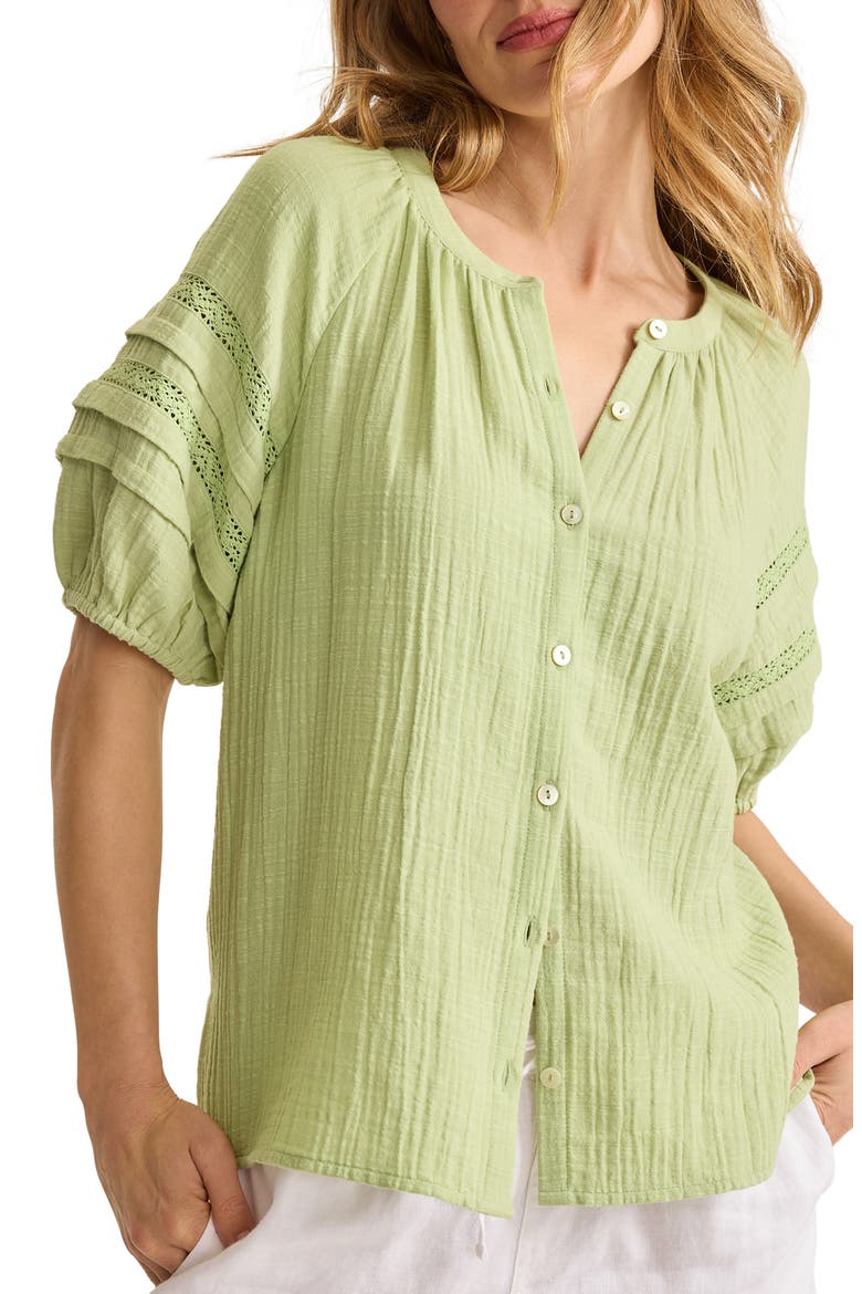 Lace Inset Cotton Gauze Button-Up Shirt, Main, color, LT ROSEMARY