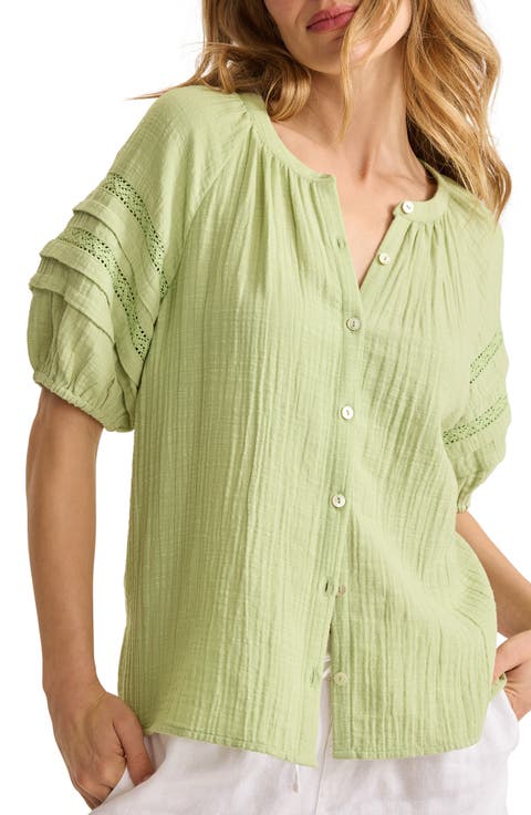 Lace Inset Cotton Gauze Button-Up Shirt