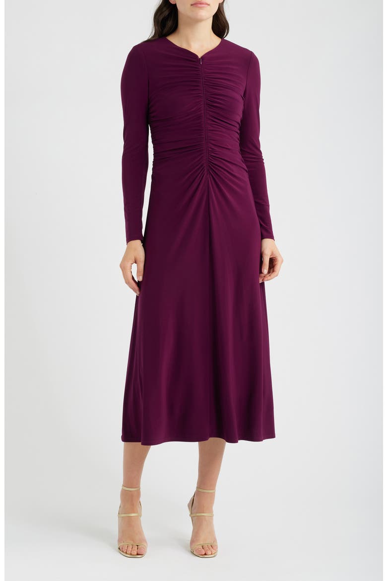 Shirred Long Sleeve V-Neck Dress, Main, color, AUBERGINE