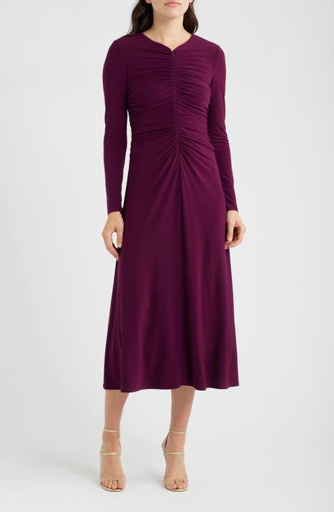 Shirred Long Sleeve V-Neck Dress