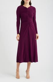 Vince Camuto Shirred Long Sleeve V-Neck Dress