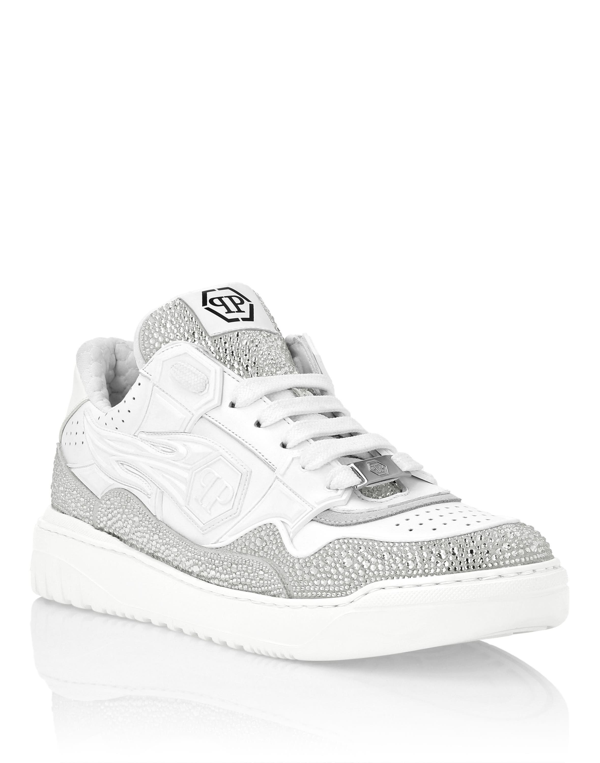 Mix Leather Lo-Top Sneakers Strass Hexagon Men, Main, color, white