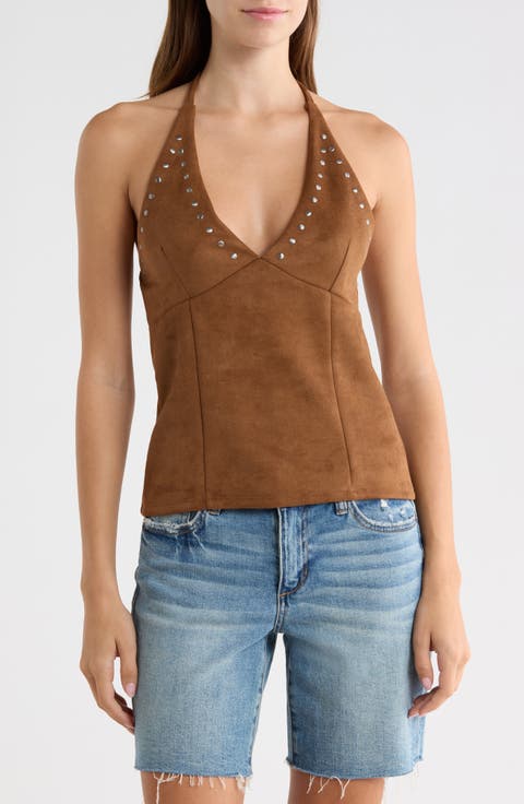 Studded Faux Suede Halter Tank