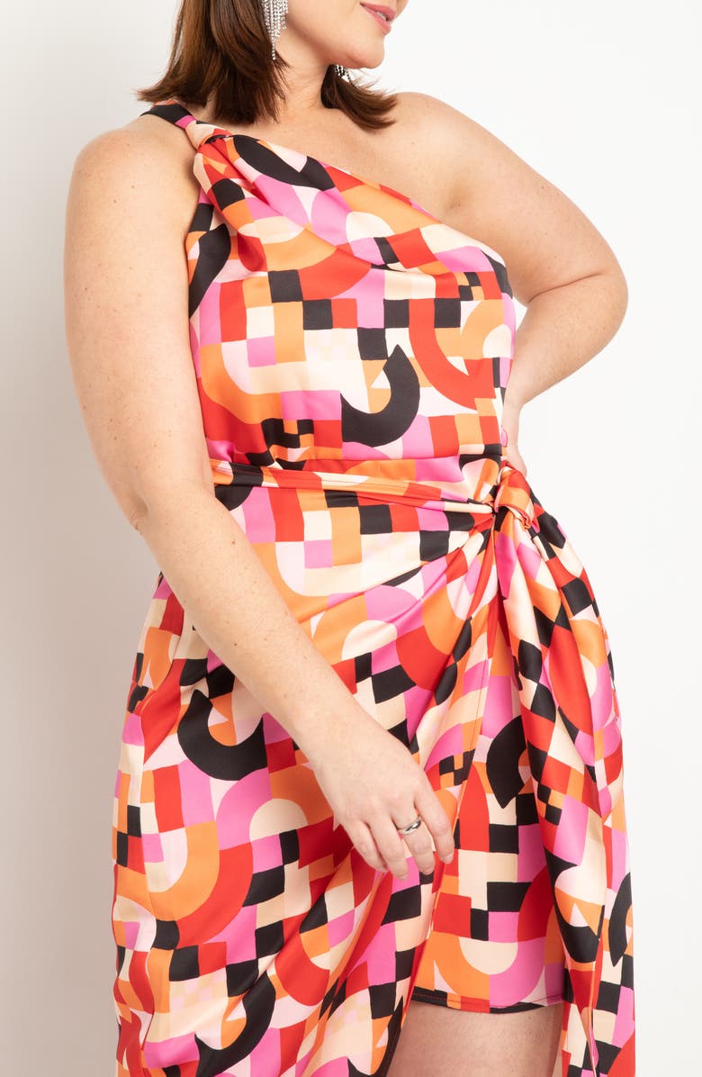 ELOQUII Geo Print One-Shoulder Knotted Wrap Dress, Alternate, color, 