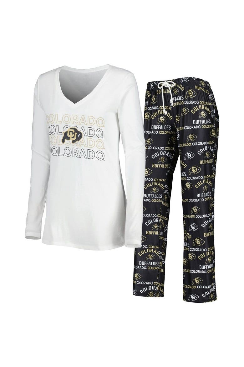 Women's Concepts Sport Black/White Colorado Buffaloes Breakthrough Allover Print Long Sleeve V-Neck T-Shirt and Pants Sleep Set, Main, color, Black