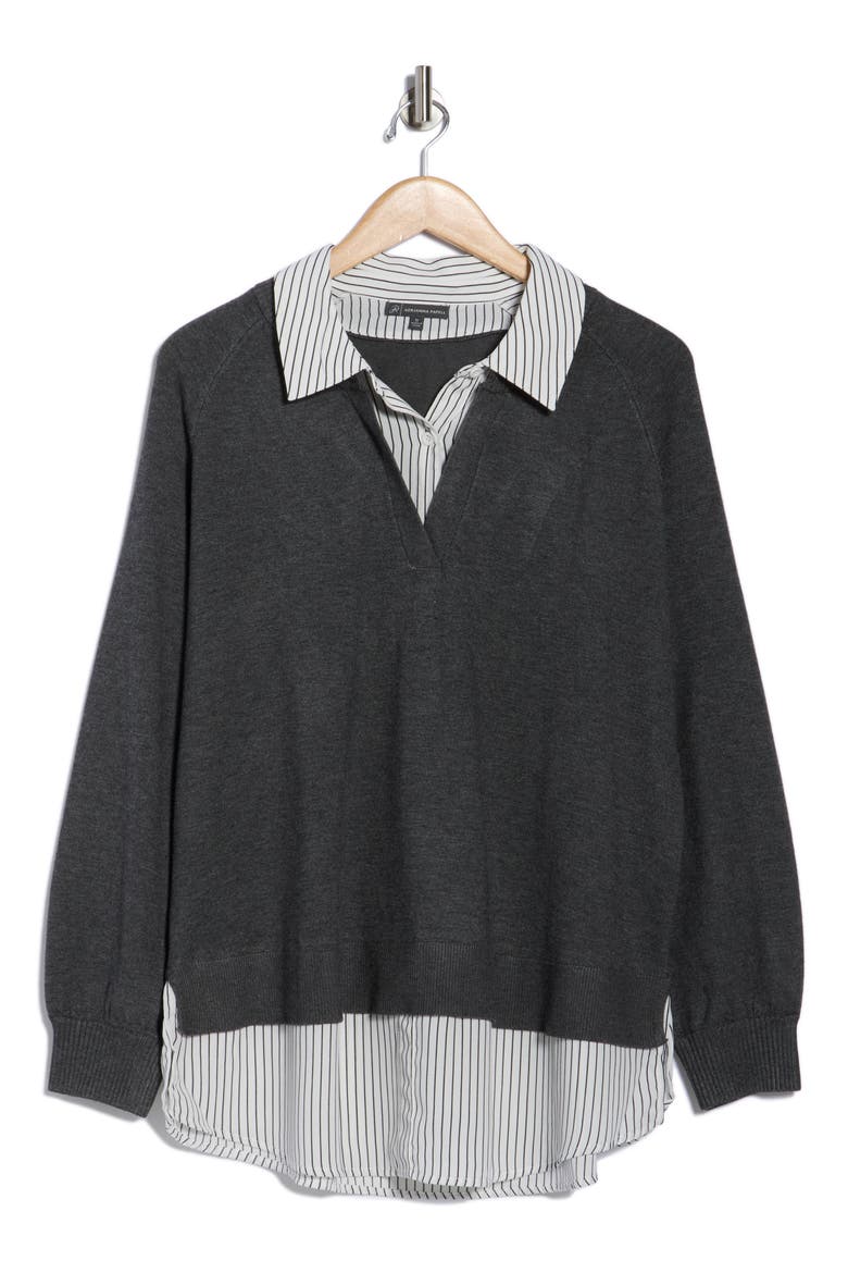 V-Neck Twofer Sweater, Alternate, color, H. GRAPHITE W/ IV/ BL MINI ST