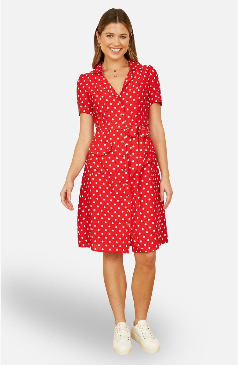Yumi Retro Shirt Polka Dot Dress, Main, color, Red