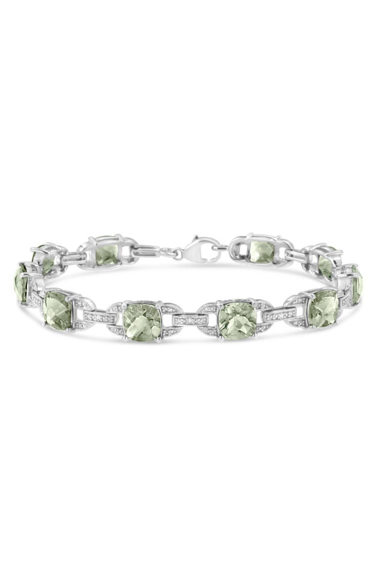 Silver 7x7 mm Green Amethyst and Diamond Accent Tennis Bracelet, Main, color, White