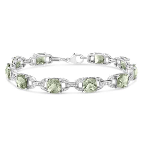 Silver 7x7 mm Green Amethyst and Diamond Accent Tennis Bracelet
