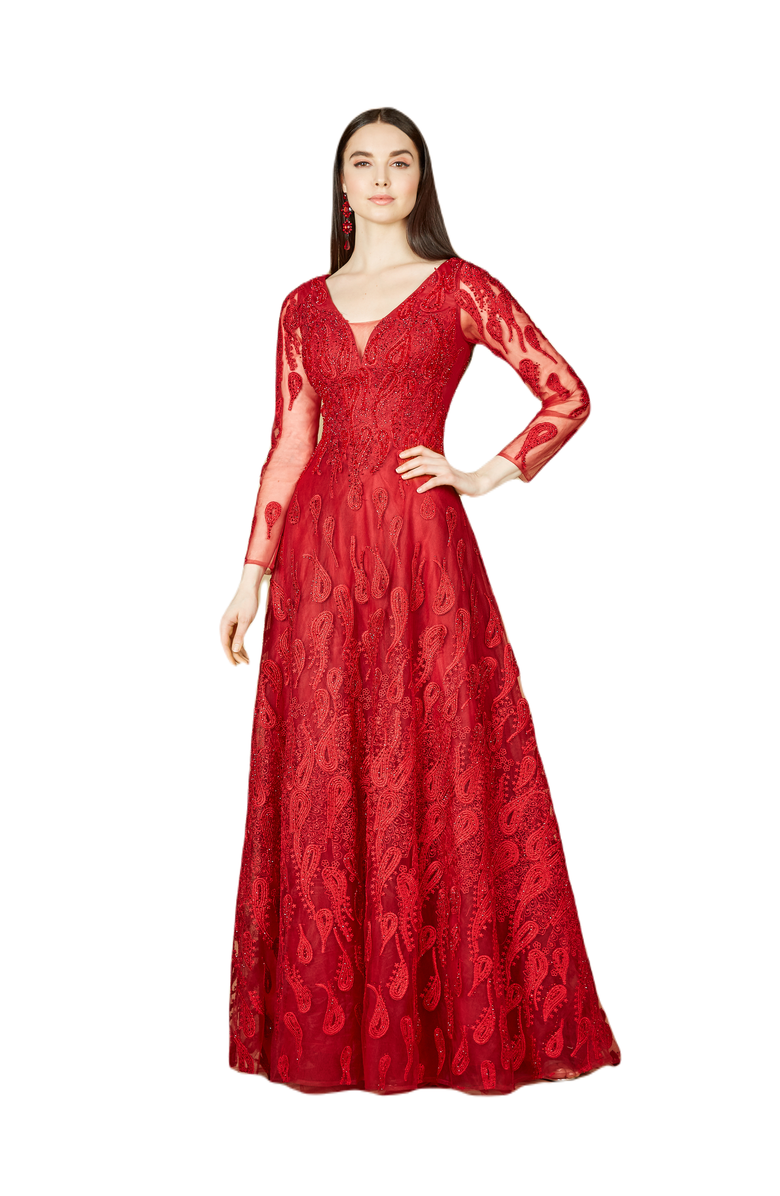 LARA New York Long Sleeve V-Neck Ballgown, Main, color, Red