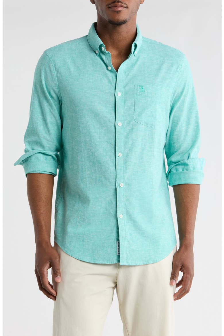 Linen Blend Woven Solid Button-Down Shirt, Main, color, ATLANTIS