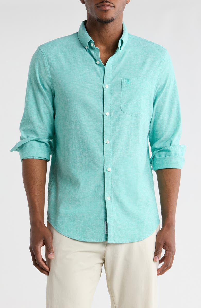 Original Penguin Linen Blend Woven Solid Button-Down Shirt, Main, color, Atlantis
