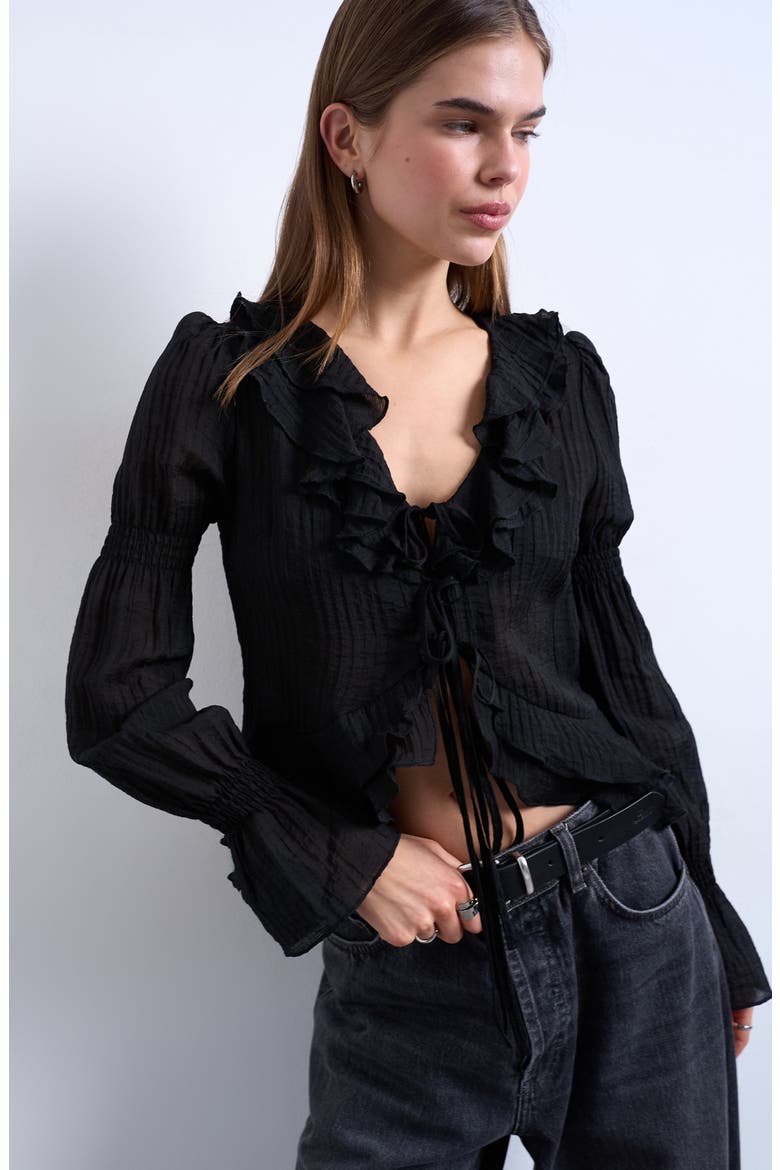Ruffle Tie Front Long Sleeve Crop Top, Main, color, BLACK