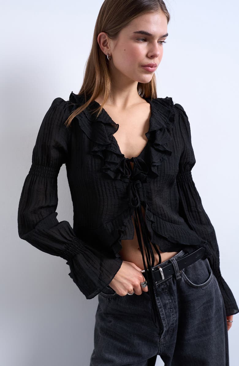 Topshop Ruffle Tie Front Long Sleeve Crop Top, Main, color, Black