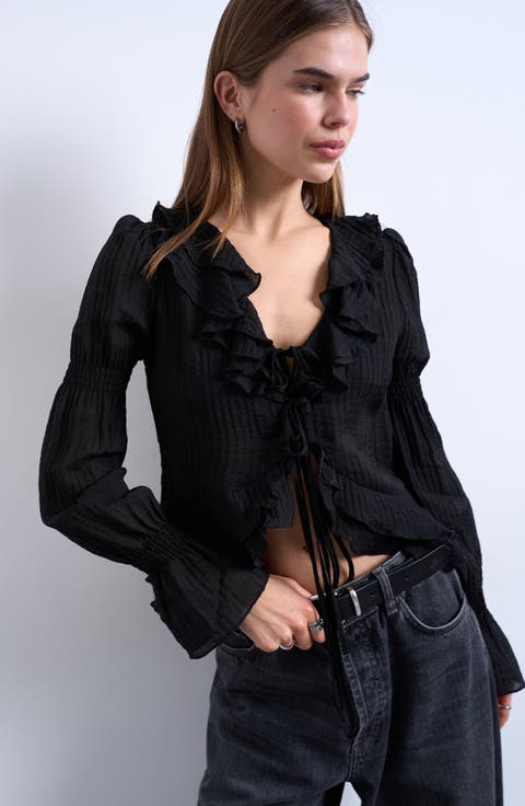 Ruffle Tie Front Long Sleeve Crop Top