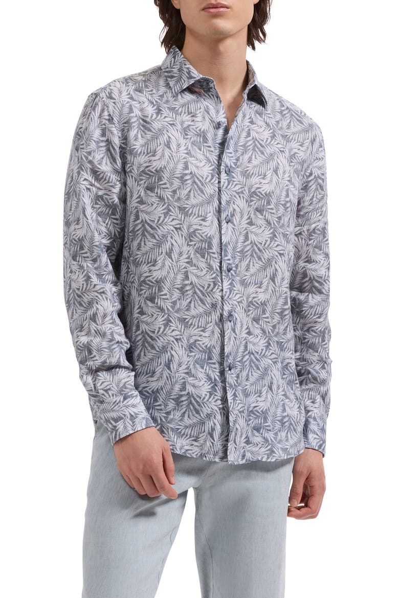 Julian Shaped Fit Palm Leaf Print Linen Button-Up Shirt, Main, color, NAVY