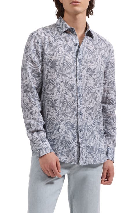 Julian Shaped Fit Palm Leaf Print Linen Button-Up Shirt