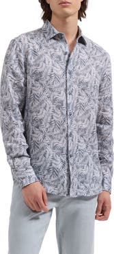 Bugatchi Julian Shaped Fit Palm Leaf Print Linen Button-Up Shirt