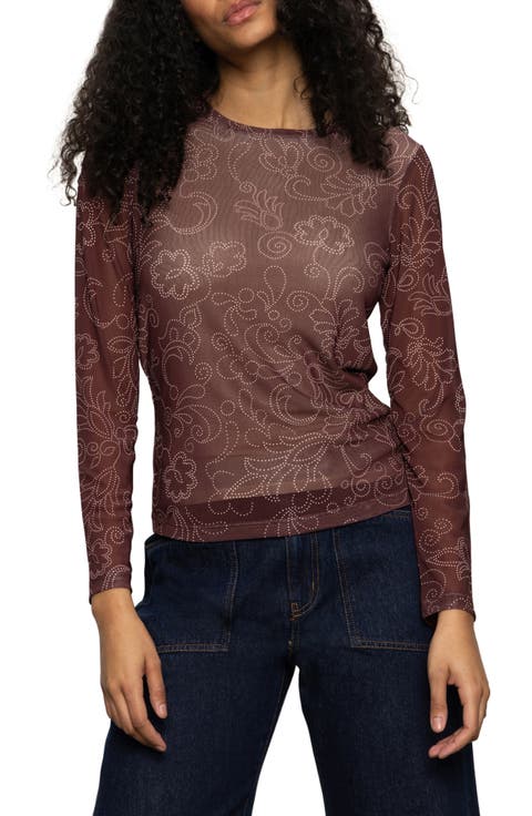 Floral Print Long Sleeve Mesh Top