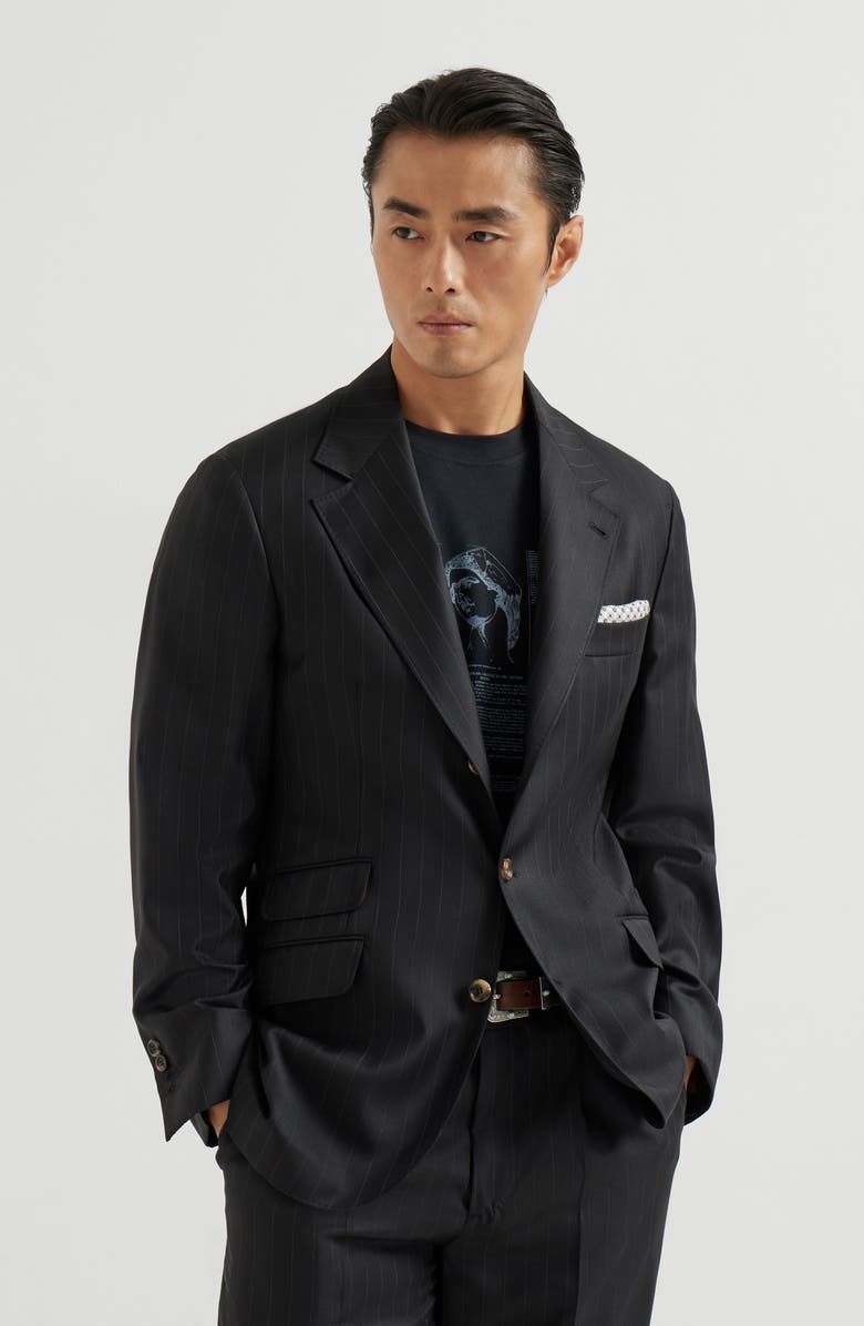 Brunello Cucinelli Chalk stripe unconstructed Cavallo blazer, Alternate, color, Black