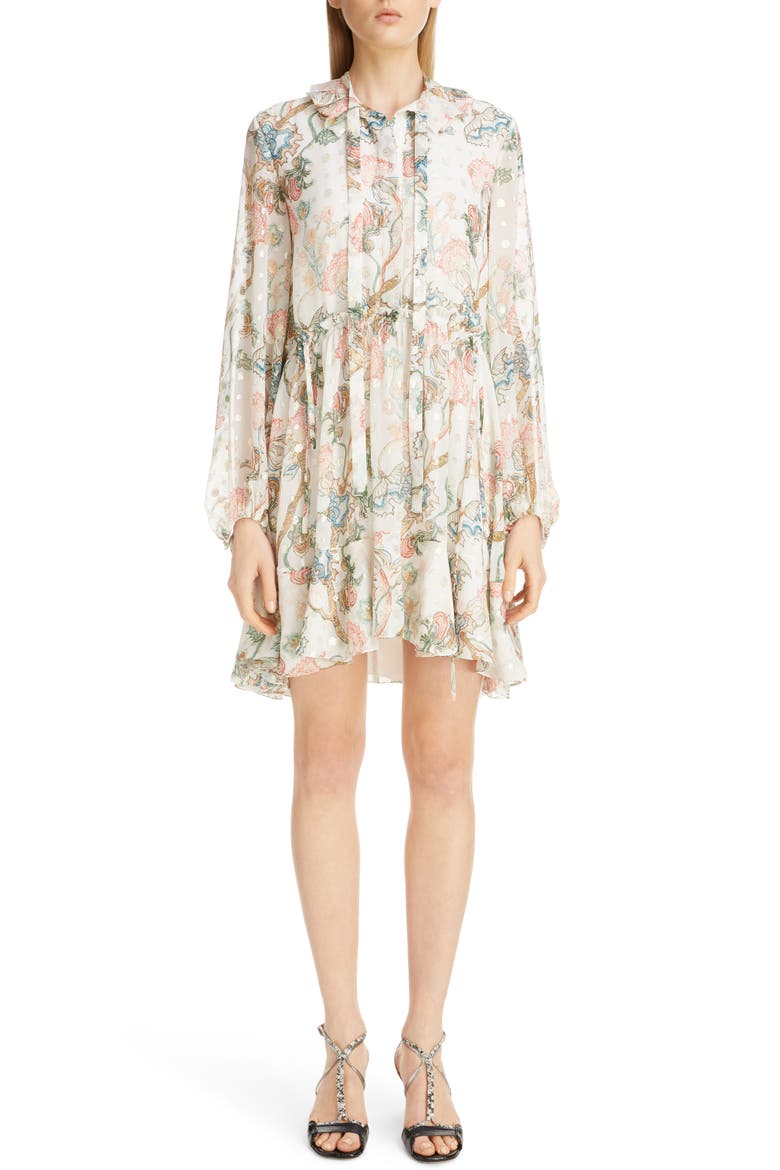 Floral Print Long Sleeve Metallic Fil Coupé Minidress, Main, color, MULTICOLOR WHITE 1