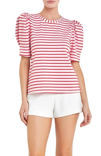 English Factory Stripe Puff Sleeve Top in Pink/red at Nordstrom Rack, Size X-Large