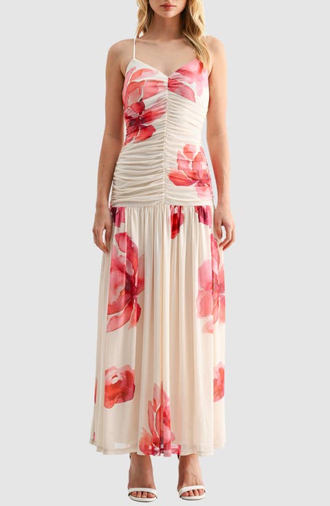 Floral Ruched Drop Waist Chiffon Midi Dress