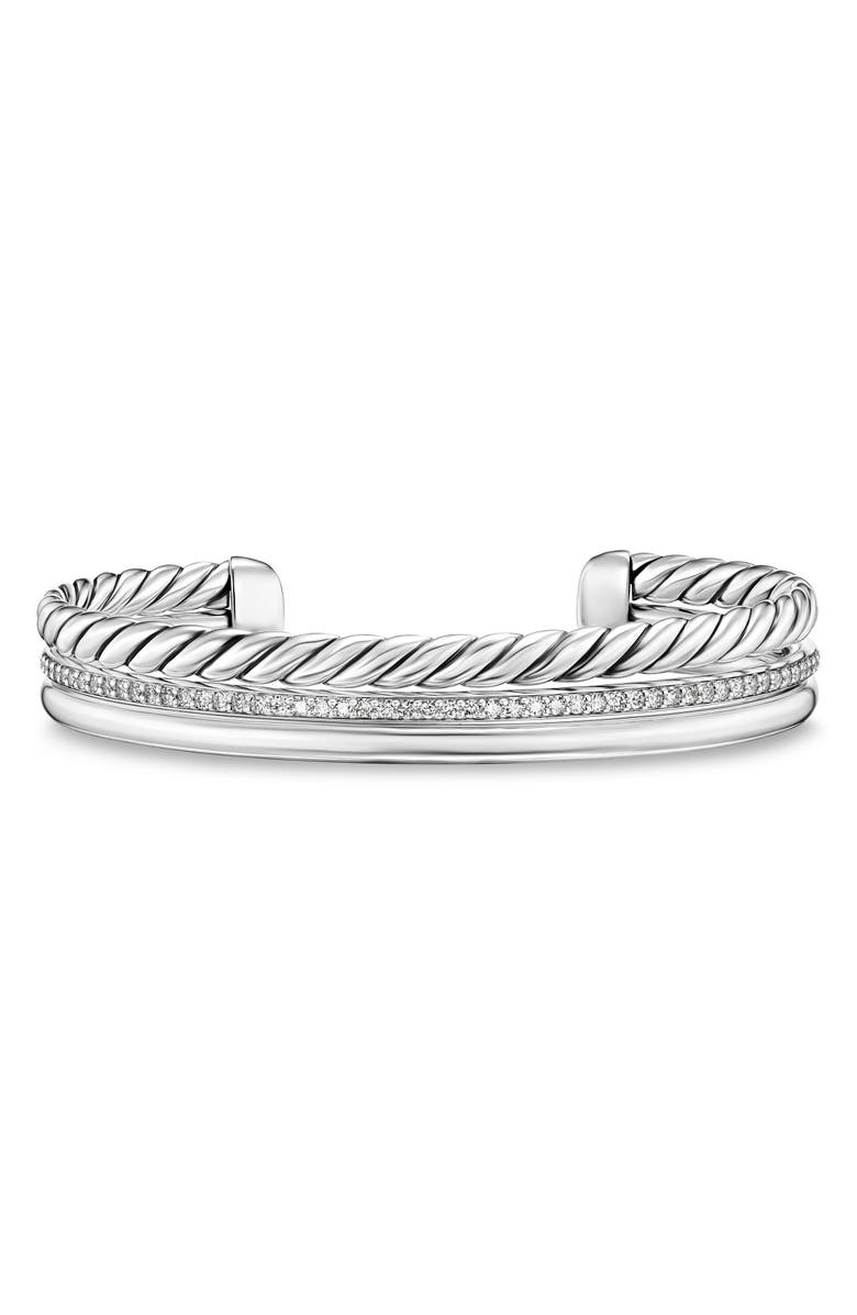 David Yurman DY Mercer<sup>®</sup> Three Row Cuff Bracelet in Sterling Silver with Diamonds, 10mm, Main, color, Silver/ Diamond