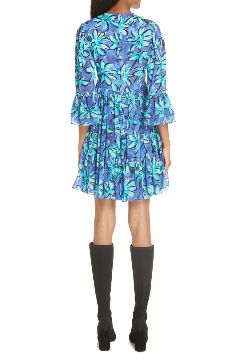 Daisy Print Tiered Silk Georgette Minidress, Alternate, color, TURQUOISE MULTI