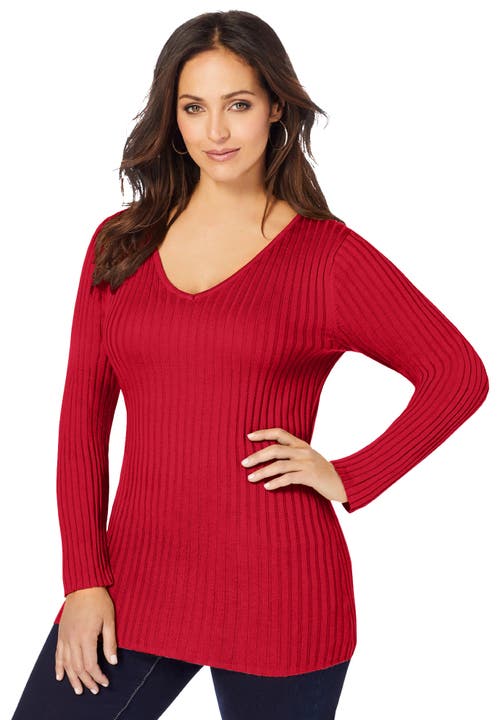Jessica London V-neck Ribbed Sweater In Red