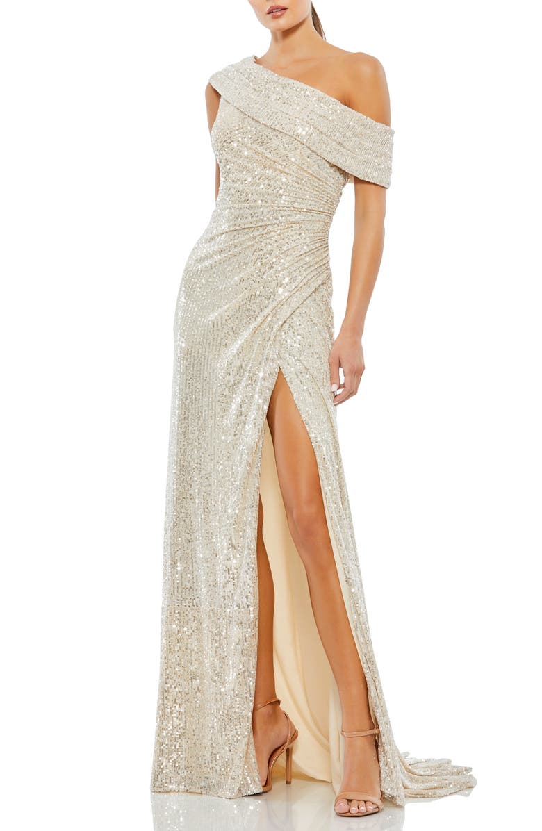 Mac Duggal One-Shoulder Ruched Sequined Gown, Main, color, Nude