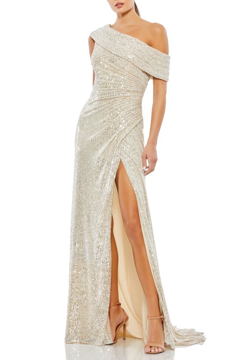 One-Shoulder Ruched Sequined Gown