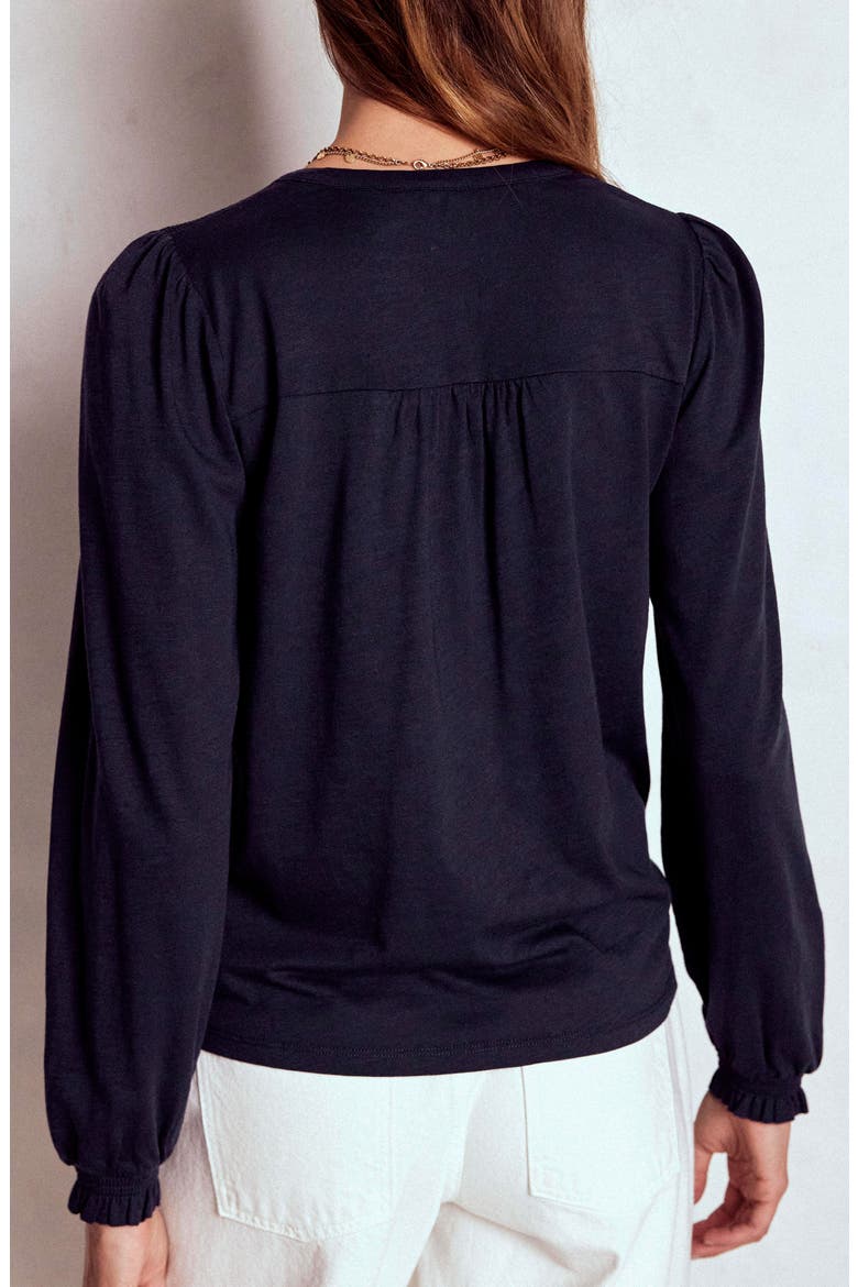 Elsa Smocked Yoke Knit Button-Up Shirt, Alternate, color, NAVY
