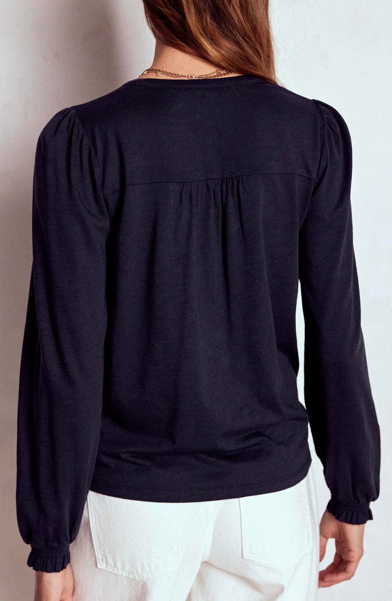 Boden Elsa Smocked Yoke Knit Button-Up Shirt, Alternate, color, Navy