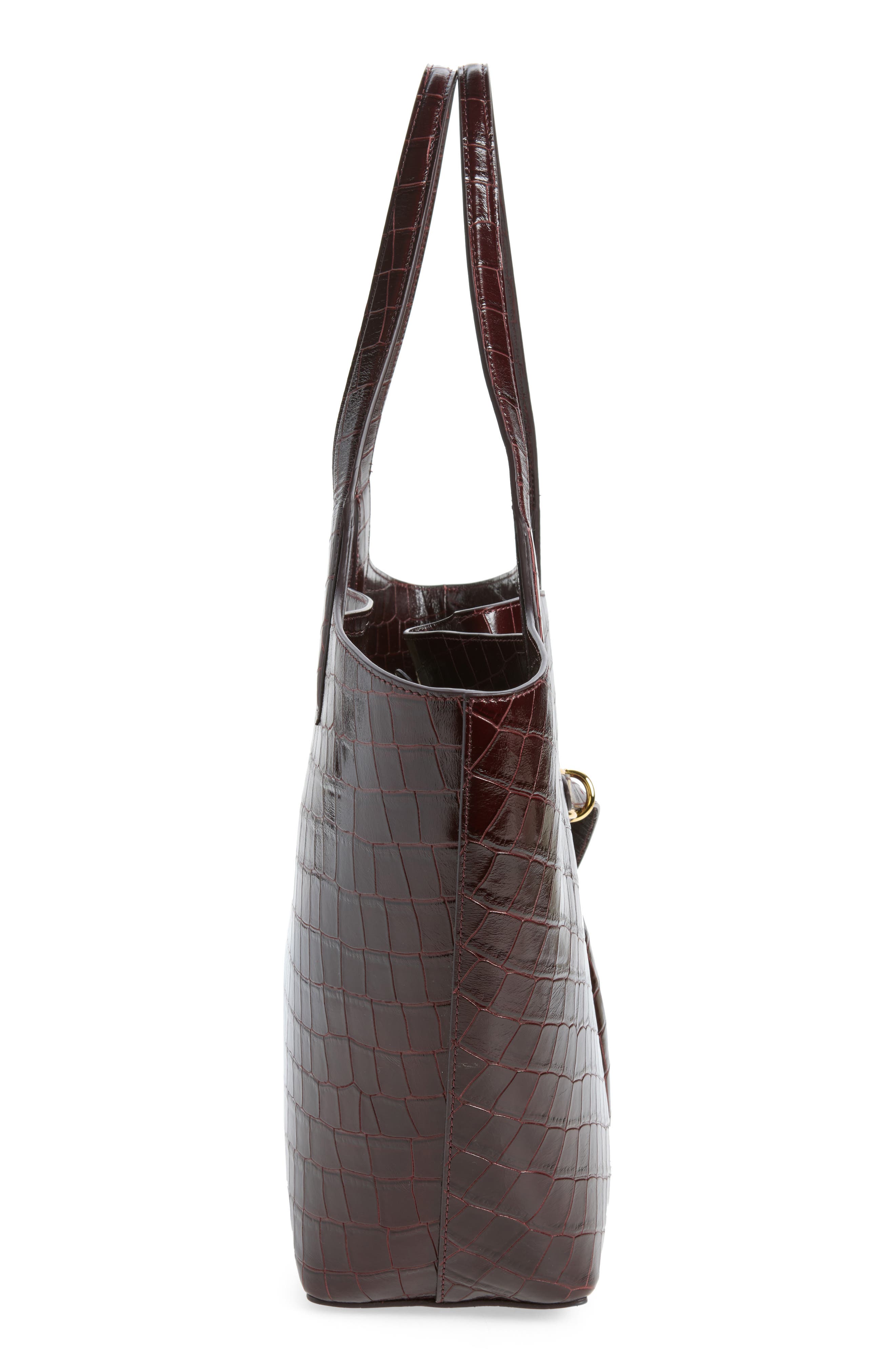 Belted Croc Embossed Leather Tote, Alternate, color, BURGUNDY