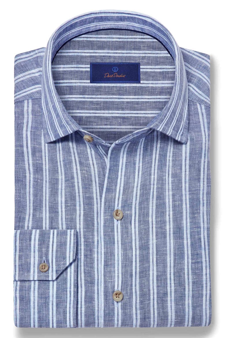 Stripe Slub Linen Button-Up Shirt, Alternate, color, NAVY/ SKY