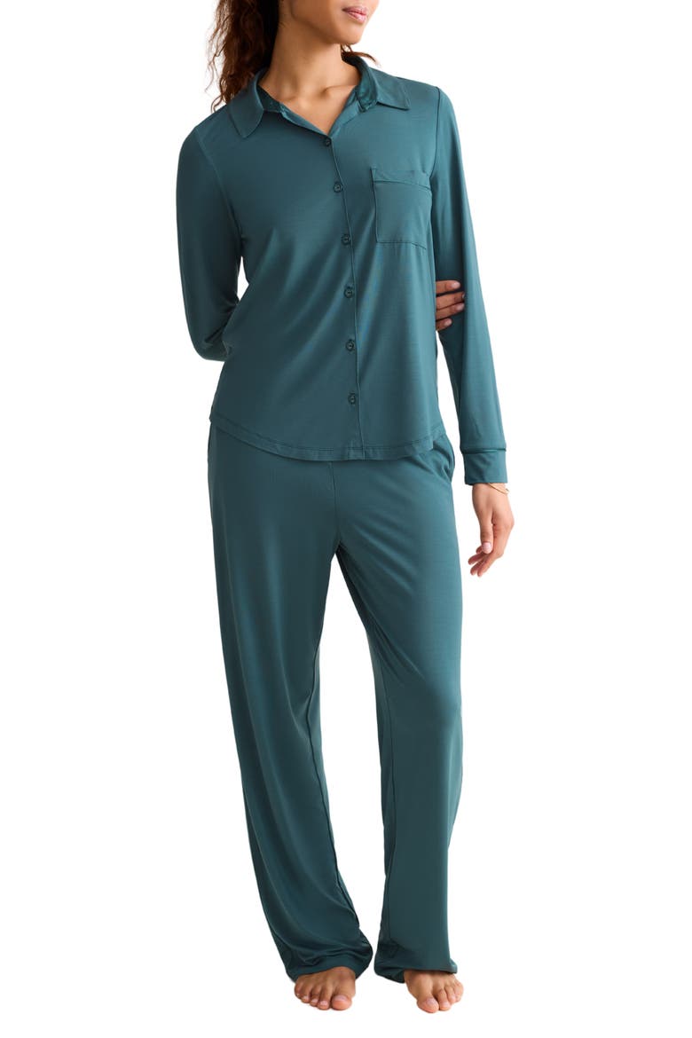 Satin Trim Jersey Pajamas, Alternate, color, EVERGREEN