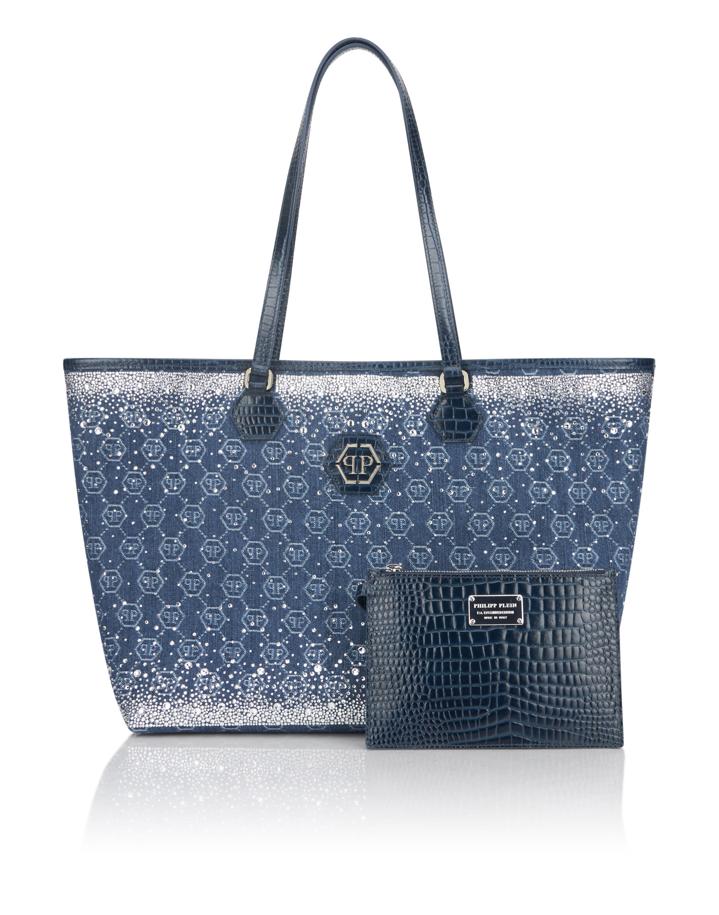 Denim Shopper Bag Monogram Strass Women, Alternate, color, lightblue