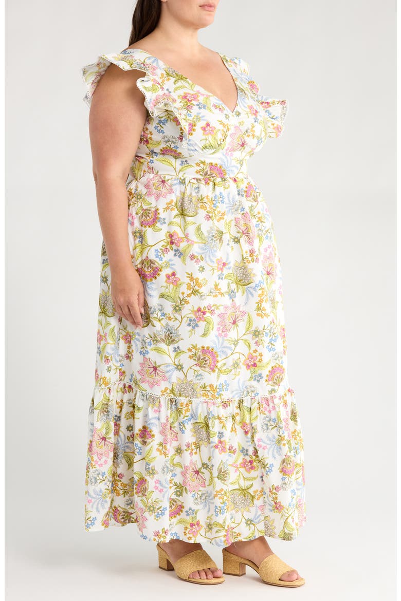 Pany Floral Mawar Ruffle Sleeve Cotton Maxi Dress, Alternate, color, IVORY/ PINK/ GREEN/ BLUE
