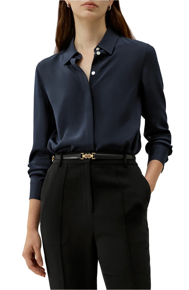 Lilysilk Graceful Button Up Silk Blouse, Main, color, Midnight Blue