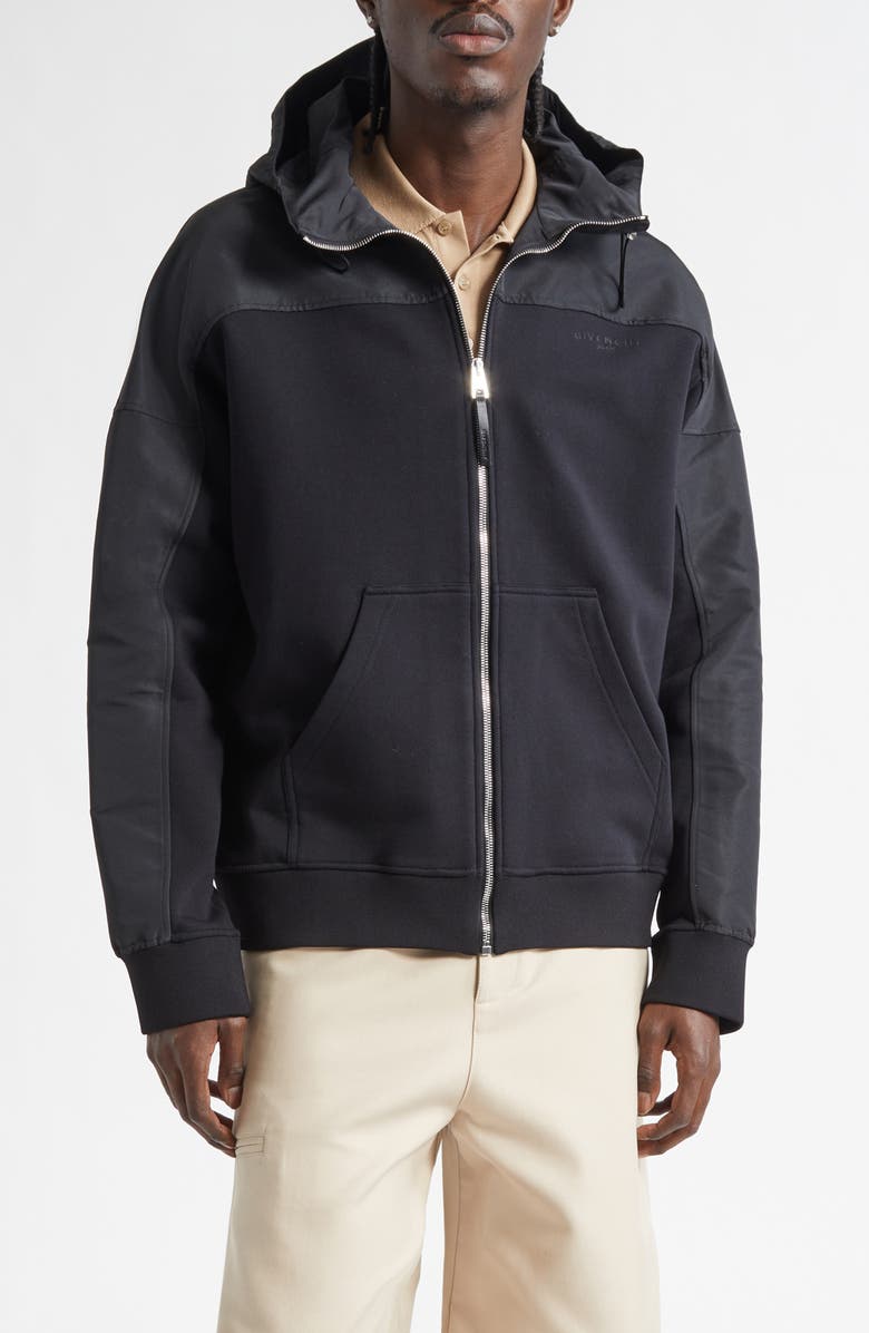 Givenchy Mixed Media Hooded Windbreaker, Main, color, Black