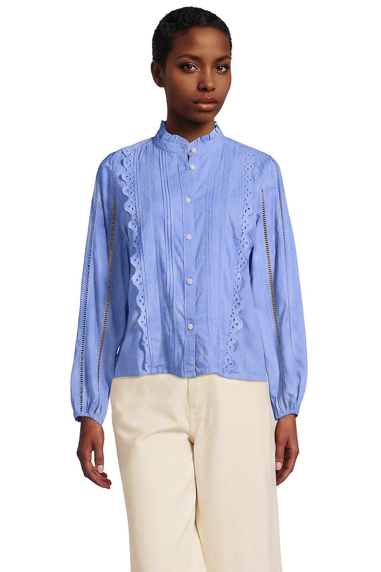 Ruffle Neck Button Front Shirt, Main, color, Clear Blue Sky