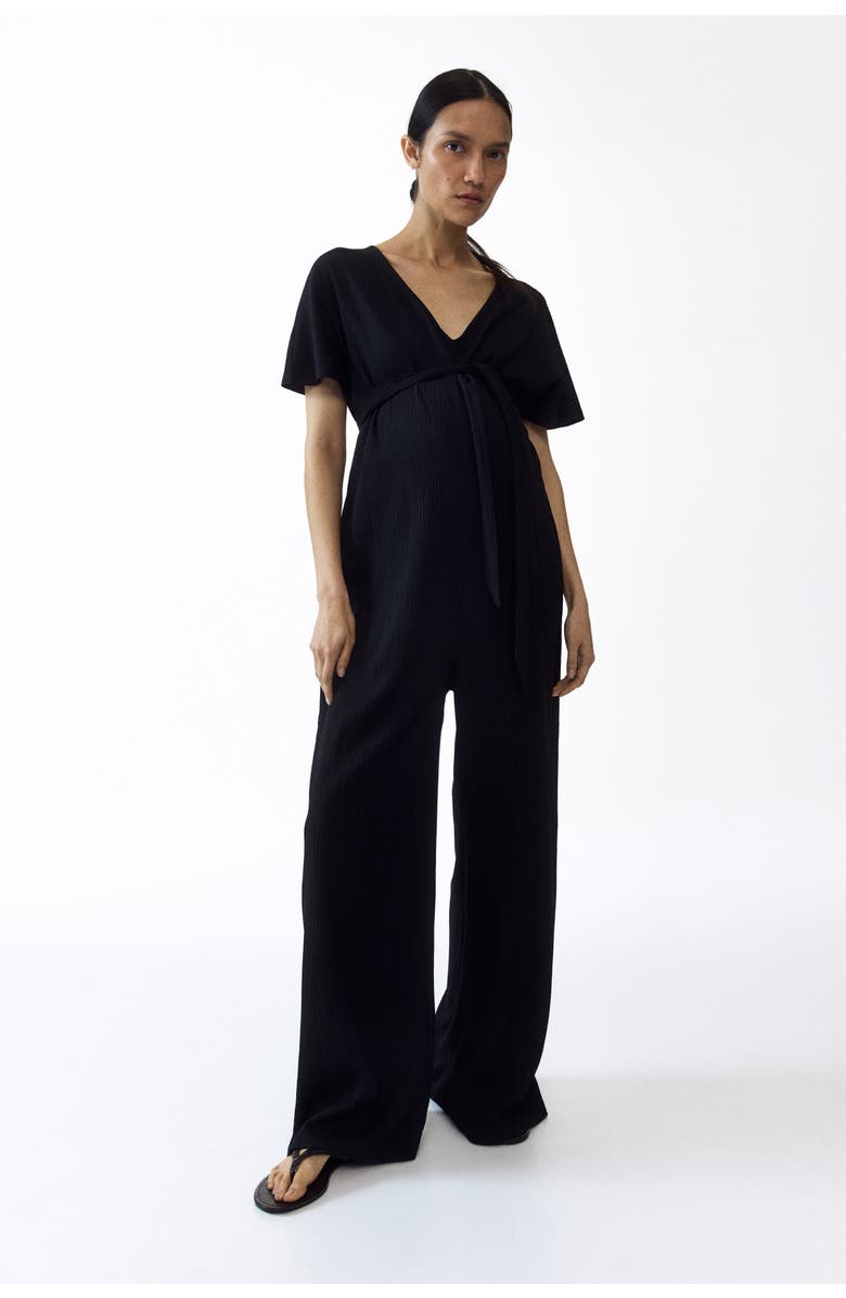 H&M Mama Short-sleeved Tie-belt Jumpsuit, Main, color, Black
