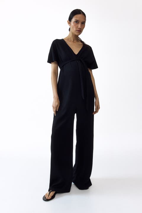 Mama Short-sleeved Tie-belt Jumpsuit