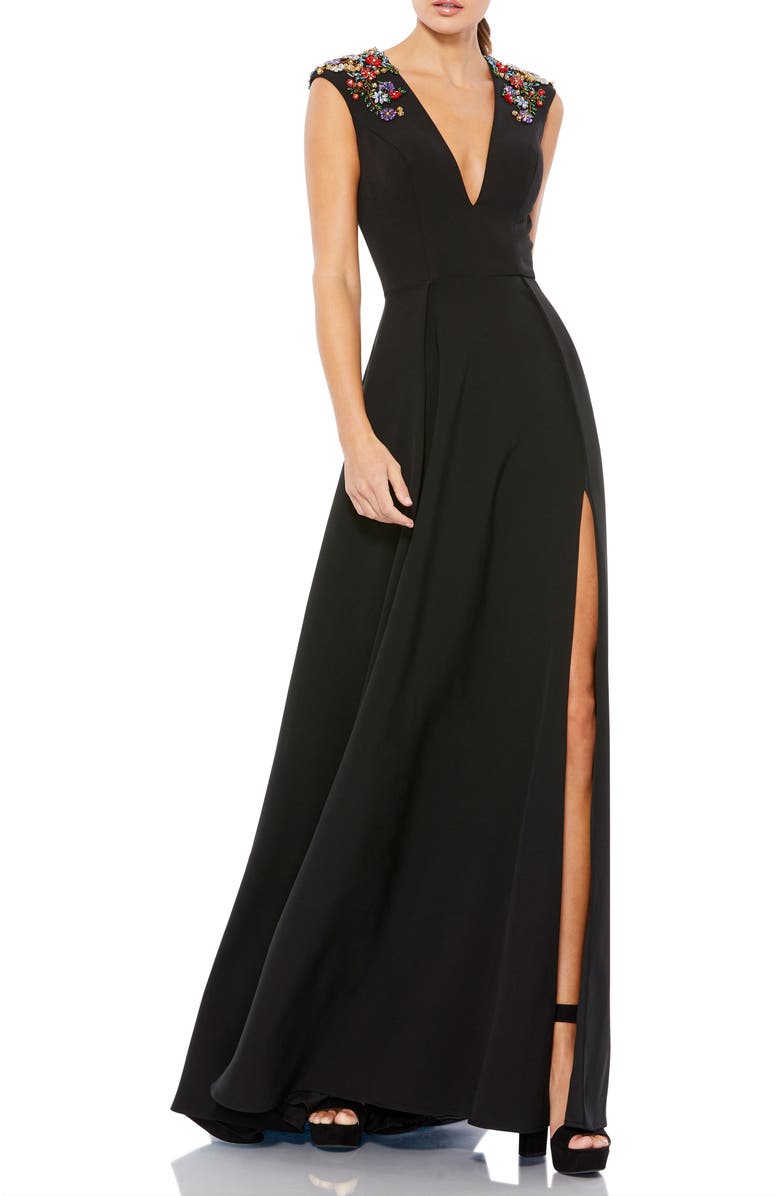 Mac Duggal Beaded Cap Sleeve V Neck A Line Gown, Main, color, Black